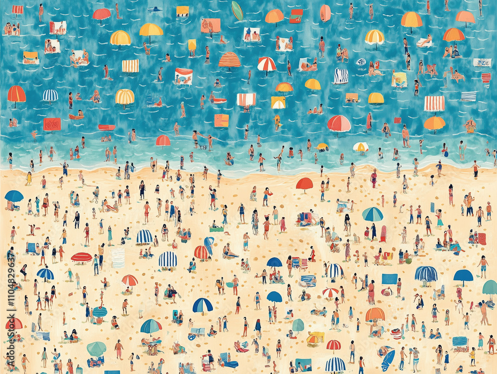 Fototapeta premium Cartoon Beach Scene with Repeated Pattern Design, Vertical and Horizontal Layout