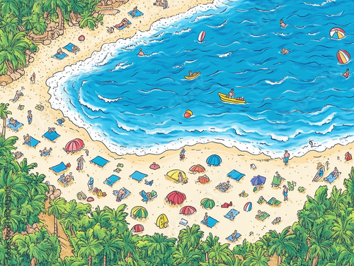 Vibrant Cartoon Beach Design with Repeating Pattern in Vertical and Horizontal Alignment photo