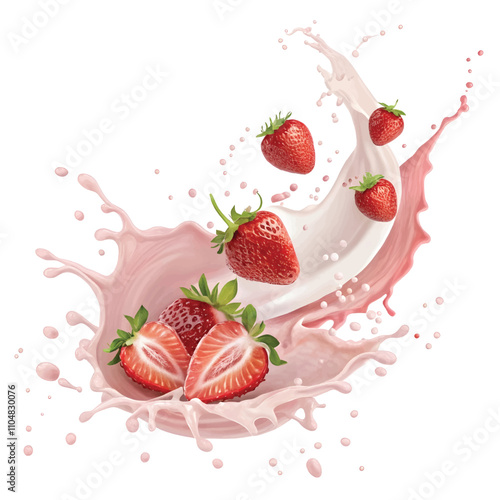 realistic 3d rendering pink colour milk splash with strawberrys design

