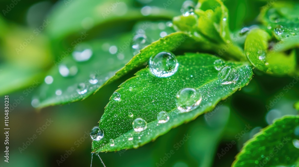 Fototapeta premium Dew Drops on Fresh Green Leaves in Nature's Lush Environment