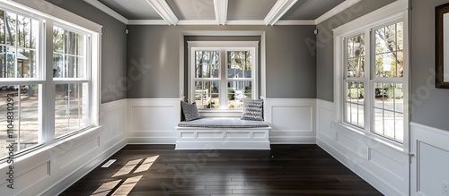 Sunroom with white windows, gray walls, dark wood floors, small window seat, white beamed ceiling, home decor style.