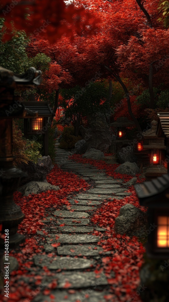 Fototapeta premium Serene autumnal path winds through a Japanese garden, illuminated by warm lantern light, surrounded by vibrant red maple leaves and ancient stone lanterns.
