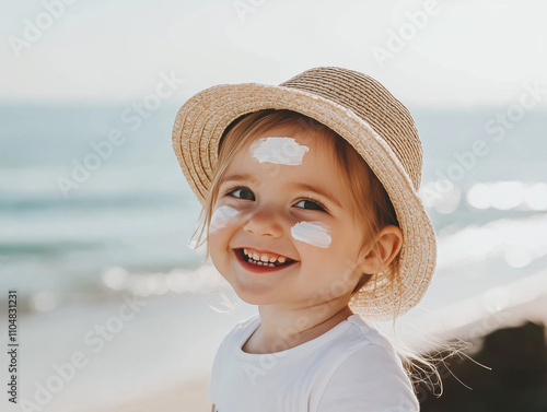 Adorable Girl with Sunscreen on Face, Wearing Straw Hat, Smiling on the Beach with Ocean in Background photo