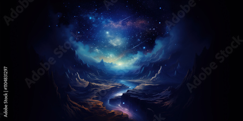 2D illustration of Expansive Galaxy and Stars, Deep Space View with Shimmering Lights and Vibrant Colors photo