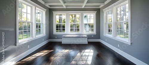 Sunroom with white windows, gray walls, dark wood floors, window seat, beamed ceiling, home decor style.