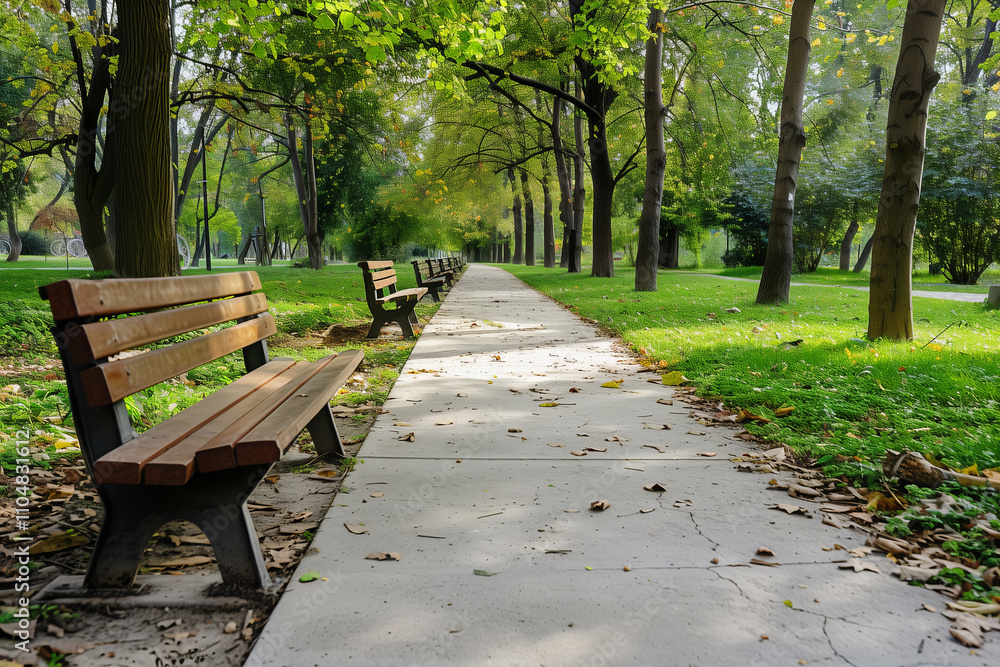 A wide park sidewalk flanked by benches, lush greenery, and trees, with modern landscape design A wide park sidewalk flanked by benches, lush greenery, and trees, with modern landscape design