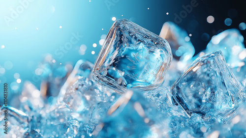 Cool ice cubes glisten in refreshing blue background, creating vibrant atmosphere