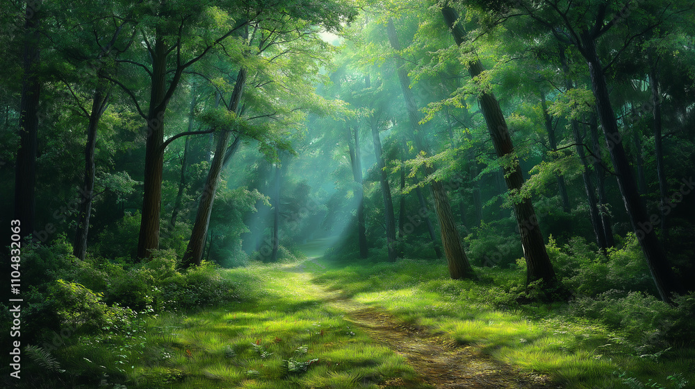 Obraz premium serene forest path illuminated by soft sunlight, inviting exploration and tranquility