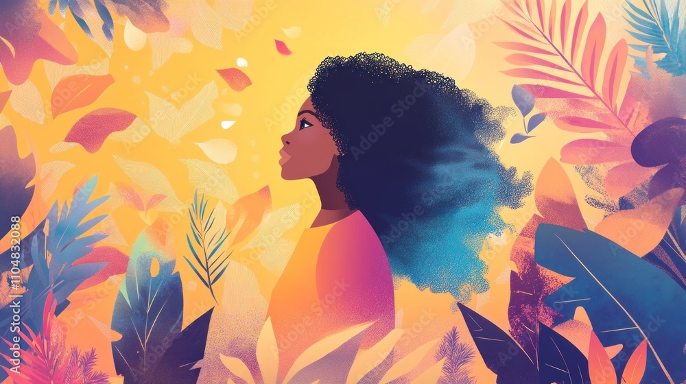 Woman with Afro surrounded by vibrant foliage, looking hopeful towards sunlight. Woman with Afro surrounded by vibrant foliage, looking hopeful towards sunlight.
