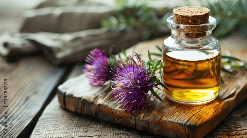 Thistle oil in a glass jar on wooden boards Thistle oil in a glass jar on wooden boards