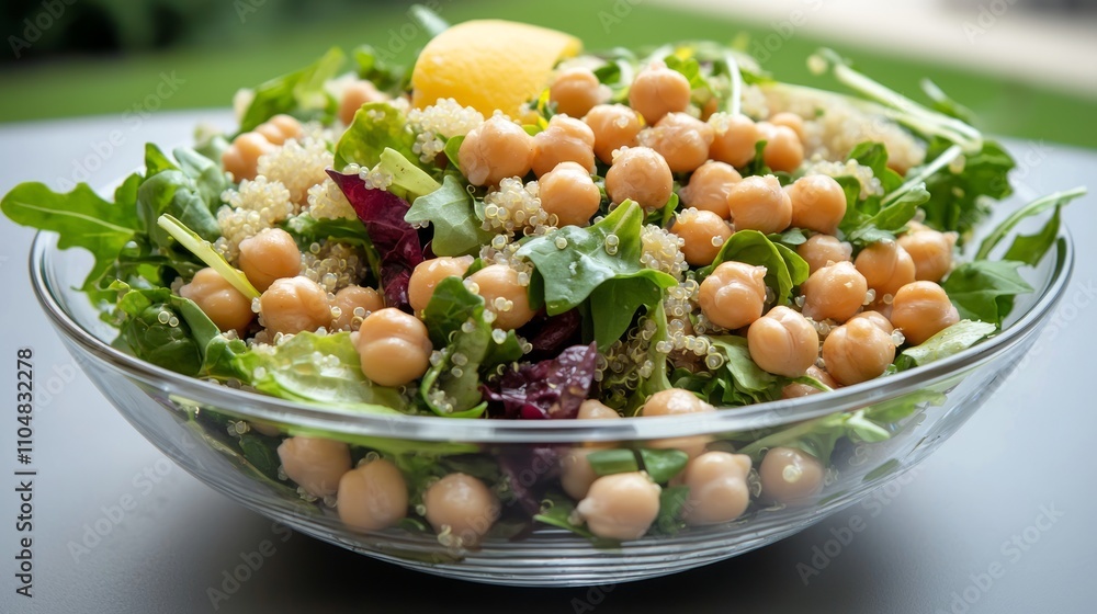 Vibrant Vegan Quinoa Chickpea Salad with Lemon Vinaigrette in Glass Bowl, Healthy Plant-Based Food Photography Vibrant Vegan Quinoa Chickpea Salad with Lemon Vinaigrette in Glass Bowl, Healthy Plant-Based Food Photography