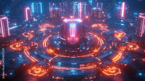 Circuit hub, rendered with hyper-detailed CG 3D, illuminated by neon energy arcs, a centerpiece of technological advancement in electricity distribution photo