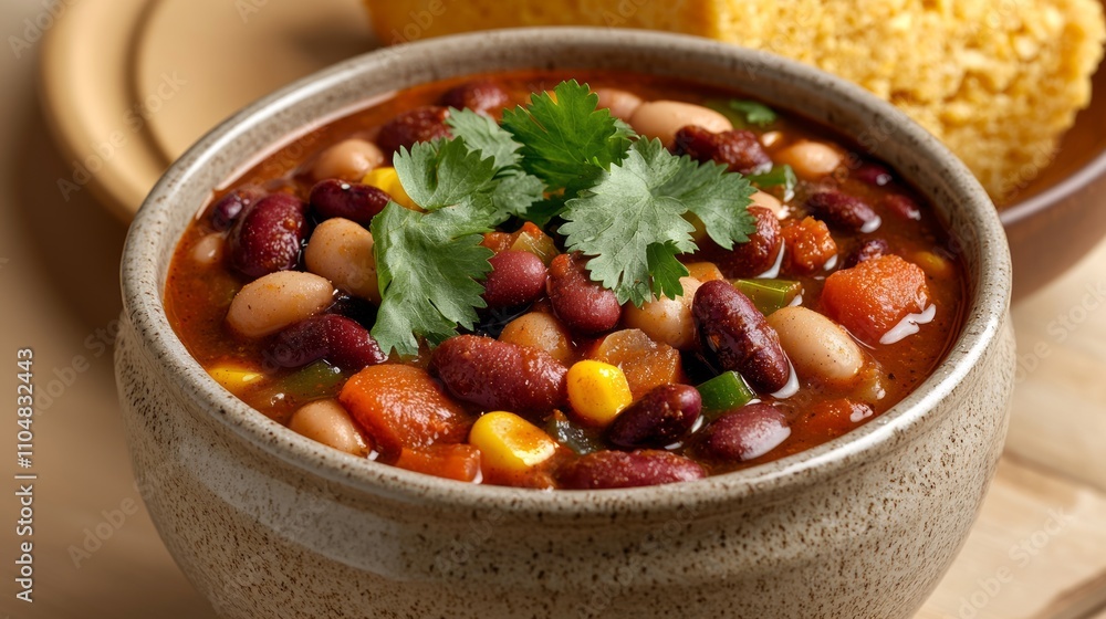Hearty Vegan Chili Bowl with Beans and Cornbread - Plant-Based Meal with Fresh Cilantro Garnish Hearty Vegan Chili Bowl with Beans and Cornbread - Plant-Based Meal with Fresh Cilantro Garnish