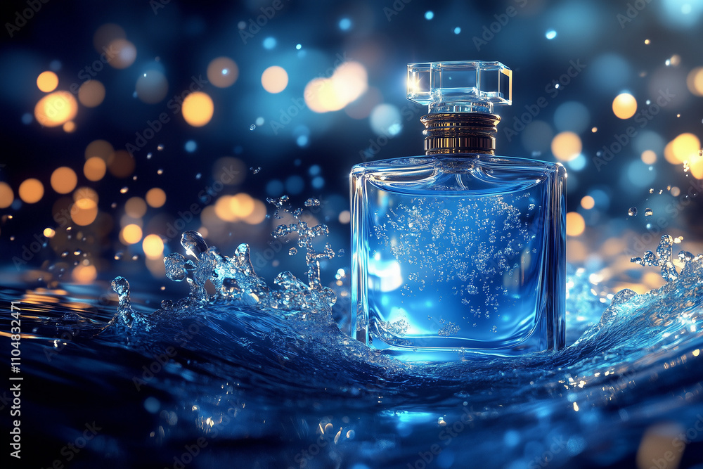 A crystal bottle of perfume is floating on the water, surrounded by glowing light effects and splashing waves A crystal bottle of perfume is floating on the water, surrounded by glowing light effects and splashing waves