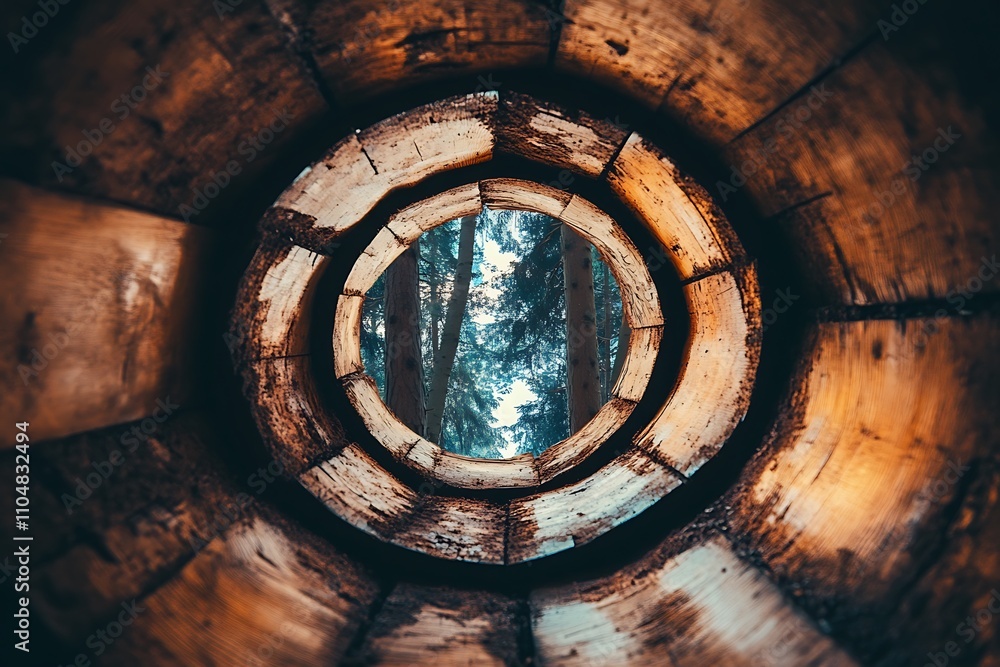 Captivating view of a forest through a circular tunnel, symbolizing perspective, mystery, and the connection between nature and man-made structures. Captivating view of a forest through a circular tunnel, symbolizing perspective, mystery, and the connection between nature and man-made structures.