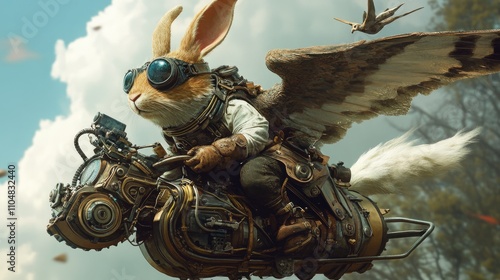 A whimsical rabbit with wings riding a steampunk motorcycle in a fantastical sky.