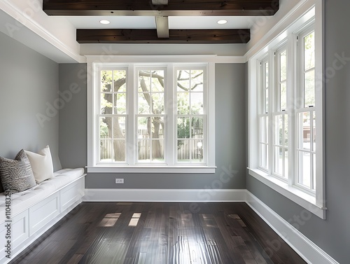 Sunroom with white windows, gray walls, dark wood floors, small window seat, beamed ceiling, home decor style.