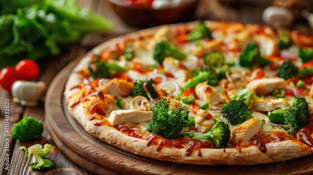 Pizza with chicken, broccoli, and mozzarella on wooden surface Pizza with chicken, broccoli, and mozzarella on wooden surface