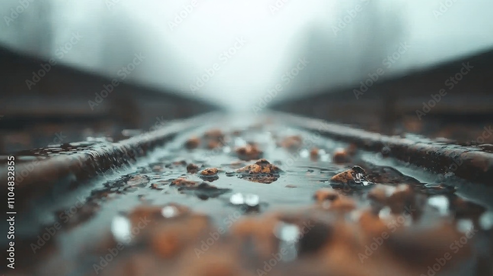 Rainy Day Railroad Tracks Close up of Wet Rails and Stones Rainy Day Railroad Tracks Close up of Wet Rails and Stones