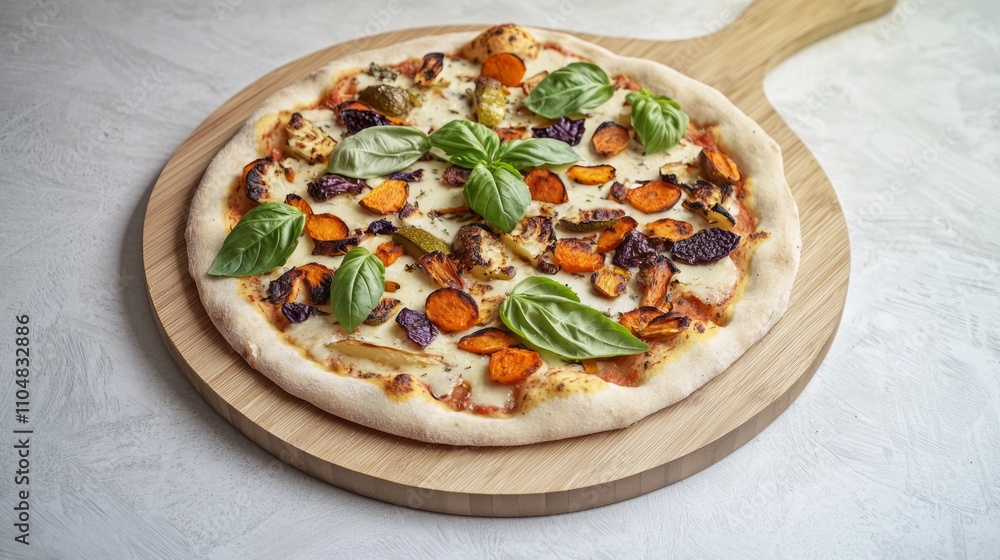 Vibrant Plant-Based Pizza with Roasted Vegetables, Vegan Cheese, and Fresh Basil on Wooden Board Vibrant Plant-Based Pizza with Roasted Vegetables, Vegan Cheese, and Fresh Basil on Wooden Board