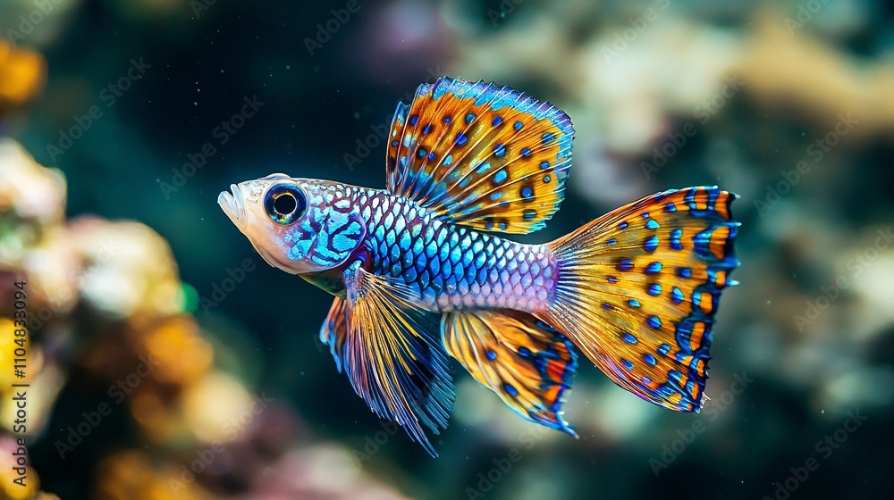 Iridescent Tail of a Peacock Fish Shimmers Gracefully in the Deep Ocean Iridescent Tail of a Peacock Fish Shimmers Gracefully in the Deep Ocean