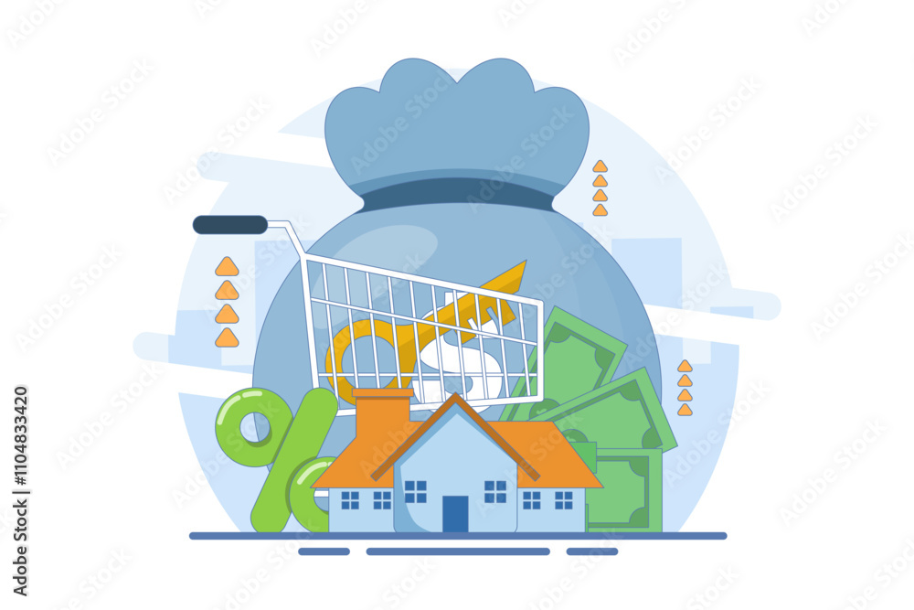Obraz premium House for sale concept. sell house move to new house. Property Purchase Concept, Buying House with Key and Shopping Cart. Buying House. Vector illustration for Web Design.