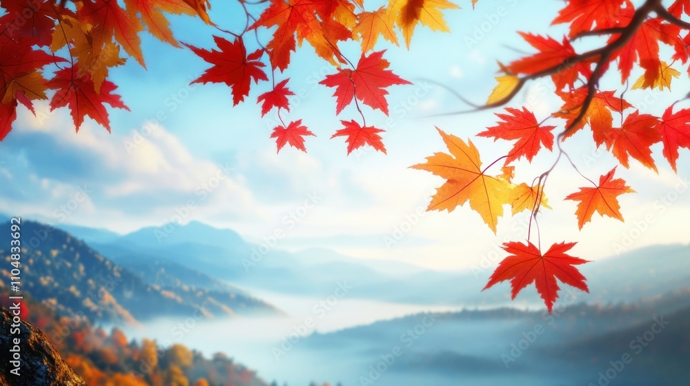 A serene autumn landscape with vibrant red leaves and misty mountains in the background. A serene autumn landscape with vibrant red leaves and misty mountains in the background.