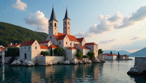 Sunset at a waterfront church with red roofs