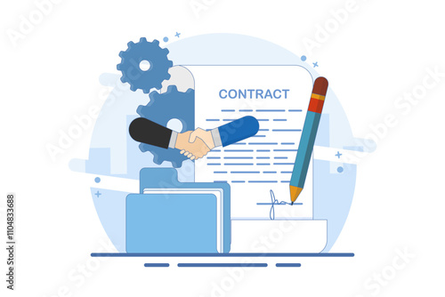 Business Transaction Concept, Contract and Signature Document, Government Policy, Agreement, Trust, Businessman Leader or Client Using Pen to Sign Document. Flat Vector Illustration.