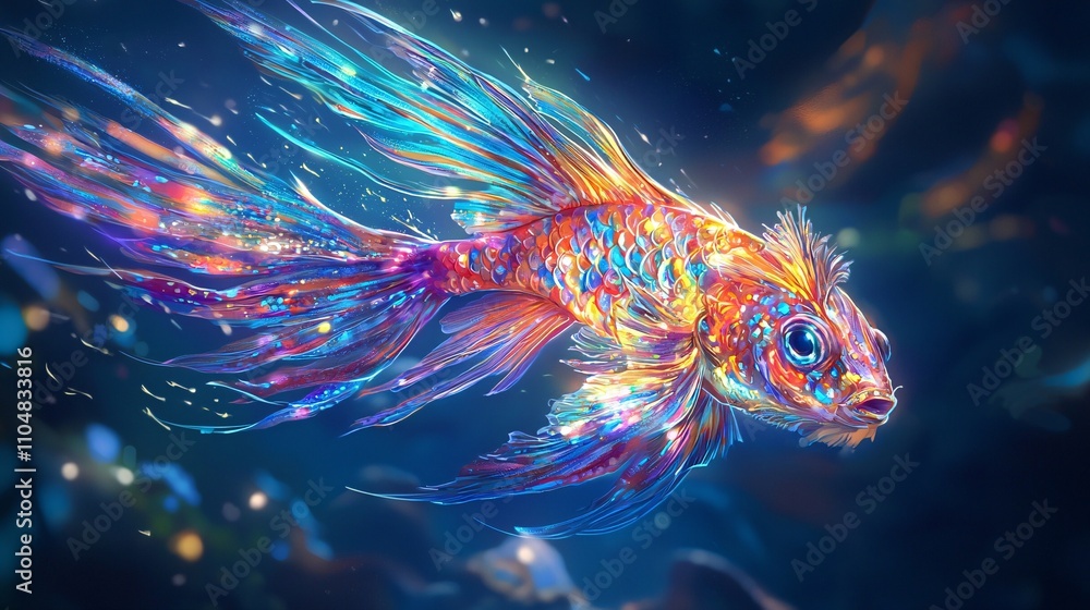 Radiant Peacock Fish Reflects Moonlight, Its Tail Shimmering Through the Ocean Depths Radiant Peacock Fish Reflects Moonlight, Its Tail Shimmering Through the Ocean Depths
