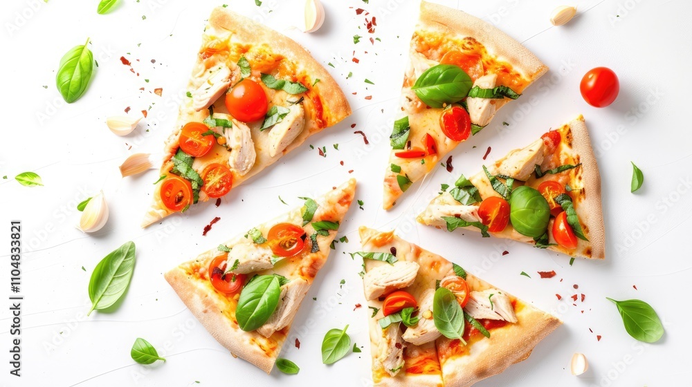 Floating pizza slices with chicken, veggies, and herbs on white background. Floating pizza slices with chicken, veggies, and herbs on white background.
