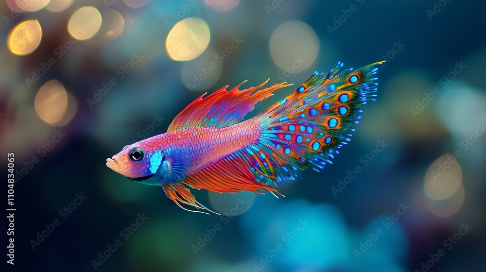 A Magical Peacock Fish with a Luminous Tail Glides Through the Ocean Depths A Magical Peacock Fish with a Luminous Tail Glides Through the Ocean Depths