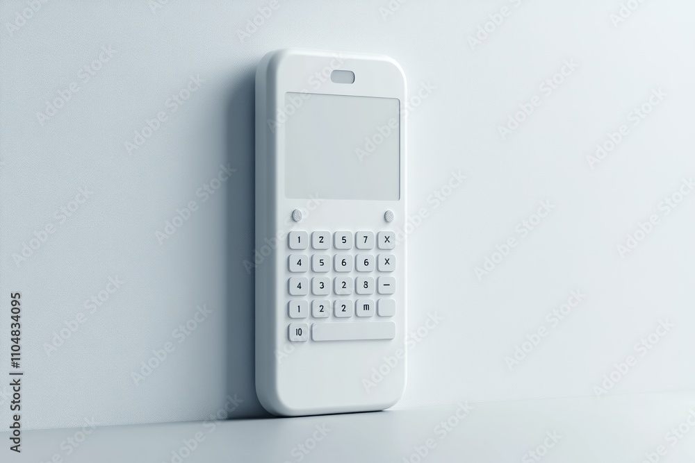 A white smartphone with a blank screen and a keypad on a white background. A white smartphone with a blank screen and a keypad on a white background.