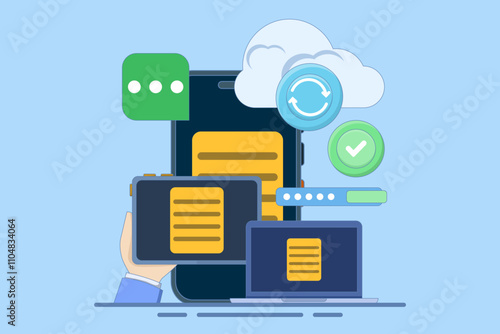 Cloud server storage concept, Uploading data to secure cloud server, Data storage and processing. Cloud service networking and hosting. Copying files. cloud hosting. Flat vector illustration.