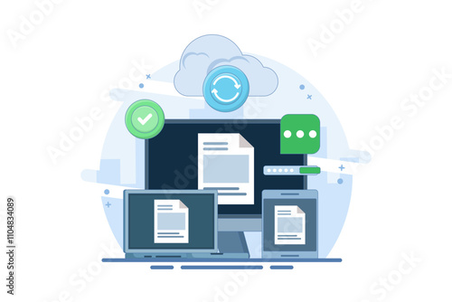 Cloud server storage concept, Uploading data to secure cloud server, Data storage and processing. Cloud service networking and hosting. Copying files. cloud hosting. Flat vector illustration.