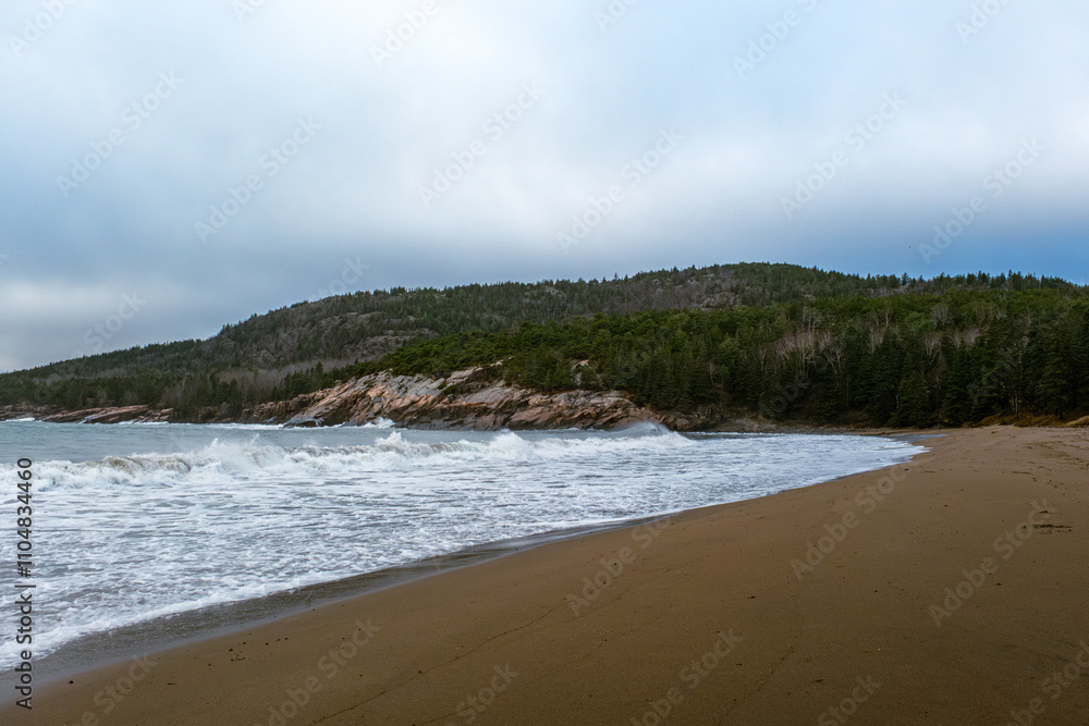 coastal maine on foggy day acadia national park waves crashing on the beach pine forests on the atlantic ocean rocky coastal shores coastal maine on foggy day acadia national park waves crashing on the beach pine forests on the atlantic ocean rocky coastal shores