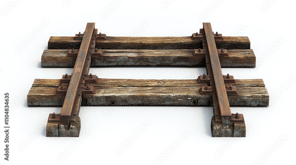 A set of weathered wooden railroad tracks with metal fittings. A set of weathered wooden railroad tracks with metal fittings.