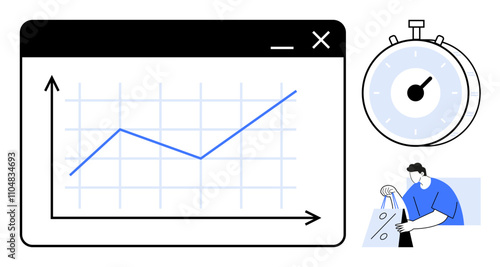 Business metrics growth chart in window frame, stopwatch showing time passage, man holding marker. Ideal for business analysis, time management, productivity, performance tracking, finance, corporate