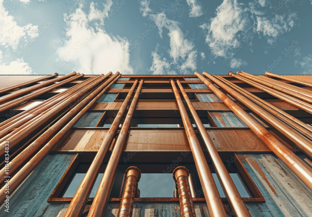 Fototapeta premium Unique architectural facade with copper pipes, contrasting against a clear blue sky and fluffy white clouds. Modern design and urban aesthetics concept.