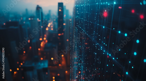 Smart digital city with connection cyber security network reciprocity over the twilight cityscape.future wireless digital city and social media networking systems that connects people within the city