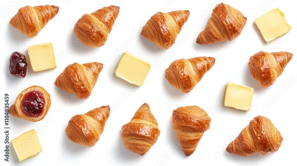 A variety of croissants and butter squares arranged on a white background. A variety of croissants and butter squares arranged on a white background.