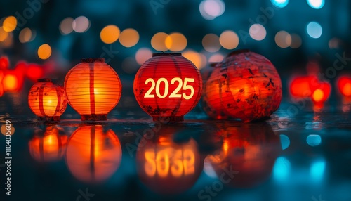 Colorful lanterns depicting New Year festivities.