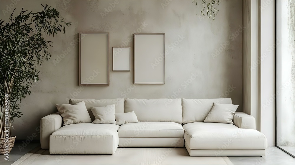 Fototapeta premium Serene Minimalist Living Room with Neutral Tones and Blank Canvas Art