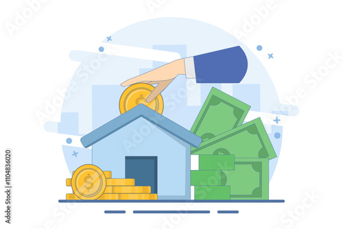 investment concept in home or real estate. household income, real estate sales Real estate investment, home value, home budget and other expenses, flat vector illustration on background.