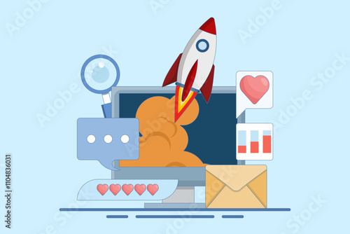 Startup business concept, new business launch, Startup business email, Social media, SEO analysis. Easy startup strategies, creative projects to start a business. Vector illustration.