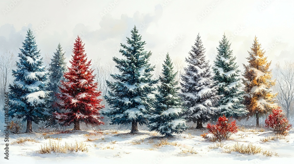 Obraz premium Winter Wonderland: A Beautiful Collection of Christmas Trees Adorned with Snow