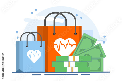 medicine and money concept, flat cartoon money stack with medical or pharmacy bag, expensive medical care, big expenses for prescription drugs. flat vector illustration on background