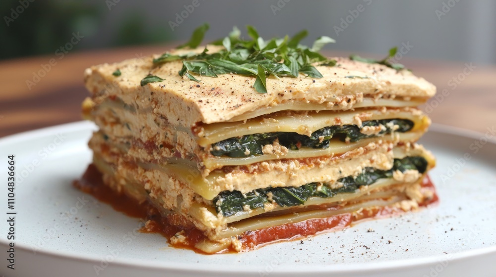 Delicious Vegan Lasagna with Plant-Based Cheese, Spinach, and Marinara Sauce, Garnished with Fresh Herbs on Plate Delicious Vegan Lasagna with Plant-Based Cheese, Spinach, and Marinara Sauce, Garnished with Fresh Herbs on Plate