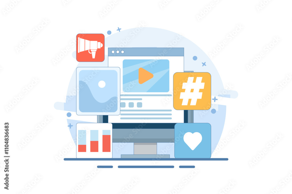 Social Media Marketing Concept, modern digital marketing, Advertising campaigns and online promotions in mobile applications, advertising content in social networks. Flat Vector Illustration. Social Media Marketing Concept, modern digital marketing, Advertising campaigns and online promotions in mobile applications, advertising content in social networks. Flat Vector Illustration.