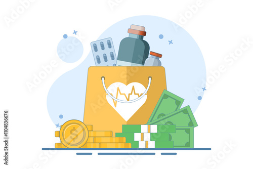medicine and money concept, flat cartoon money stack with medical or pharmacy bag, expensive medical care, big expenses for prescription drugs. flat vector illustration on background